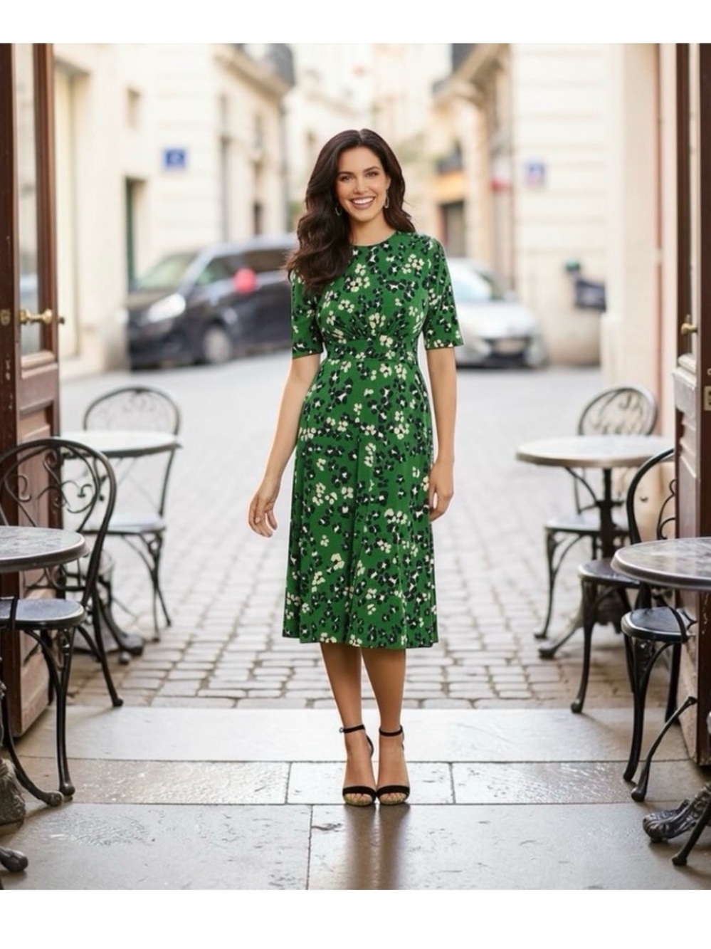 London Times Dress Vintage Easter Dress Green Navy & Cream Floral NWOT